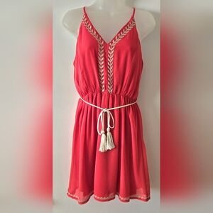 Super b Sundress Jr's Medium Dark Salmon Color Embroidery Tasseled Belt Euc Mini